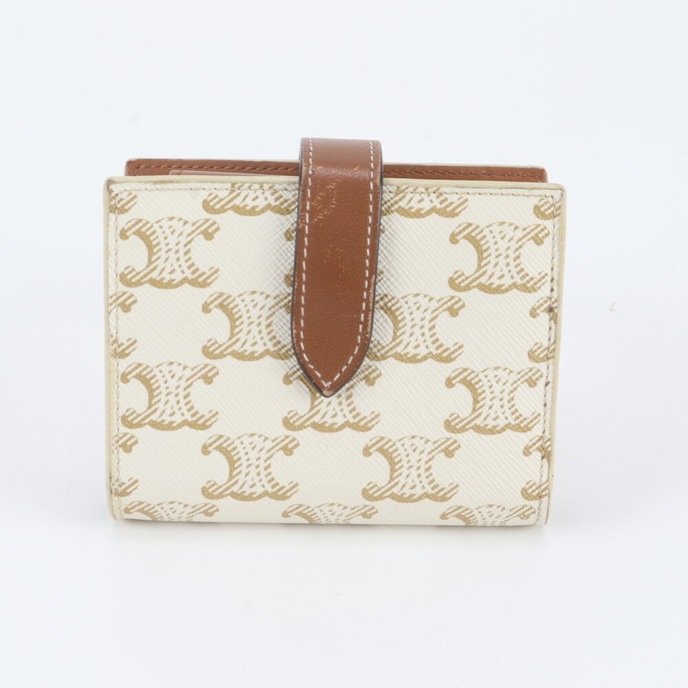 Celine Triomphe Canvas Strap Wallet Leather Bi-fold Compact Women's